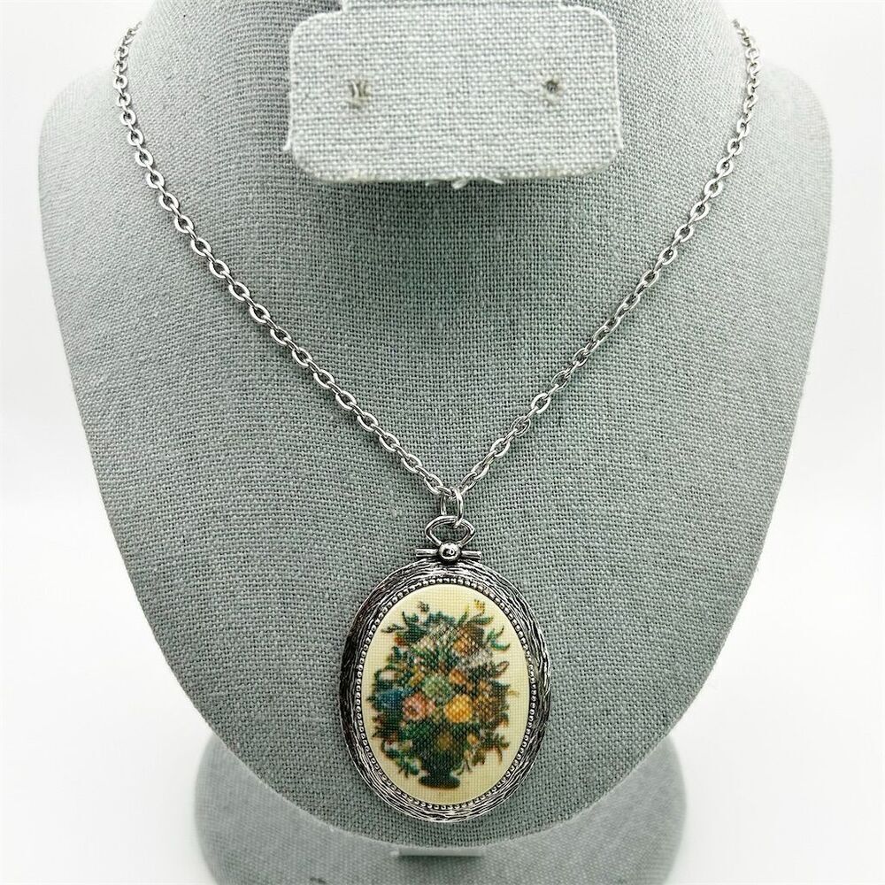 Vintage Sarah Coventry Floral Tapestry Pendant Necklace Silver Tone Oval 21"